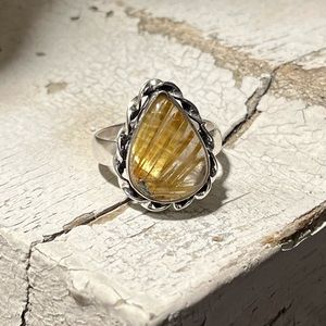 New Golden Rutilated Quartz Cabochon Silver Ring
